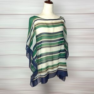 Talbots Silk Sheer Top Poncho Tunic Swim Cover Striped Green Blue Ivory Size S-M